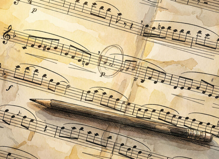 Overhead view of a handwritten sheet of music notation mid-phrase, with one note circled in pencil. A graphite pencil rests across the lower third of the page. The image represents the discipline of stopping at the exact moment of error — the core of deliberate practice.