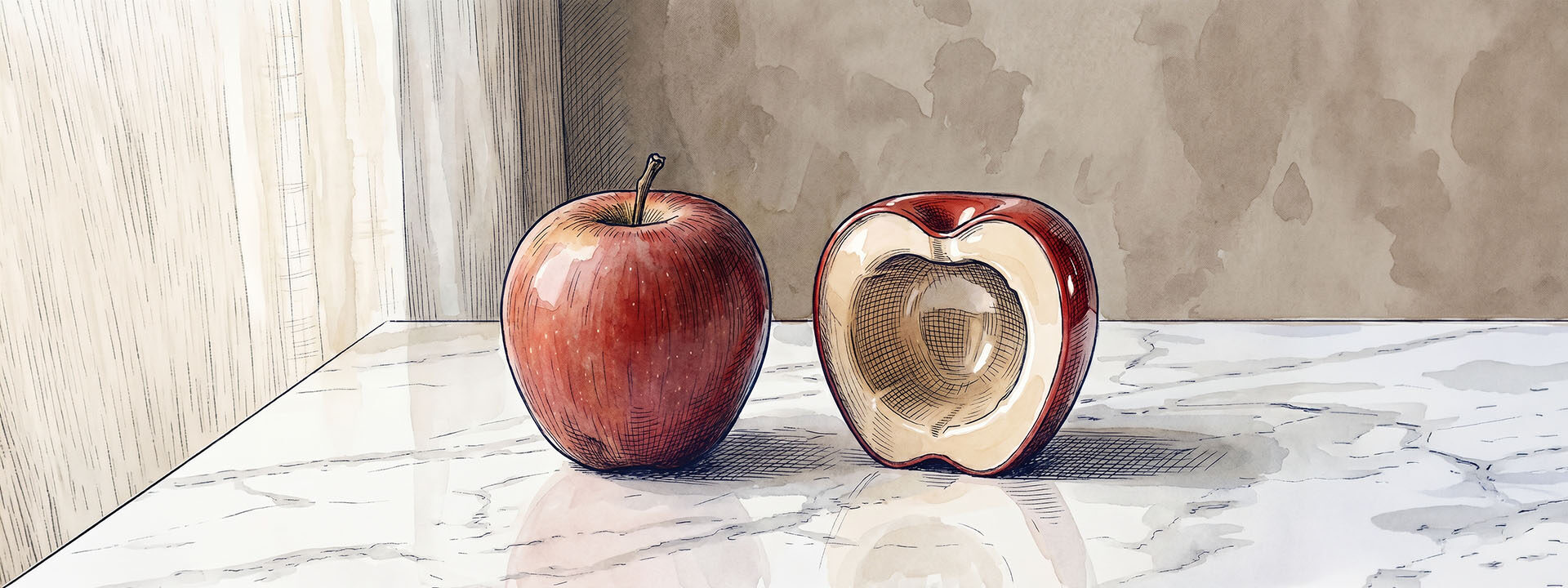 A real apple next to a wax apple with a bite taken out revealing its hollow interior — both appear identical at first glance