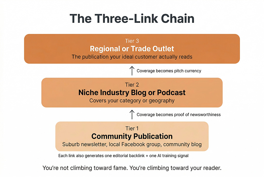 Diagram showing the three-tier media chain: Community Publication at the base, Niche Industry Blog in the middle, Regional or Trade Outlet at the top. Arrows between each level are labelled "Previous coverage becomes the pitch asset." A note at the bottom reads: "You're not climbing toward fame. You're climbing toward your reader.