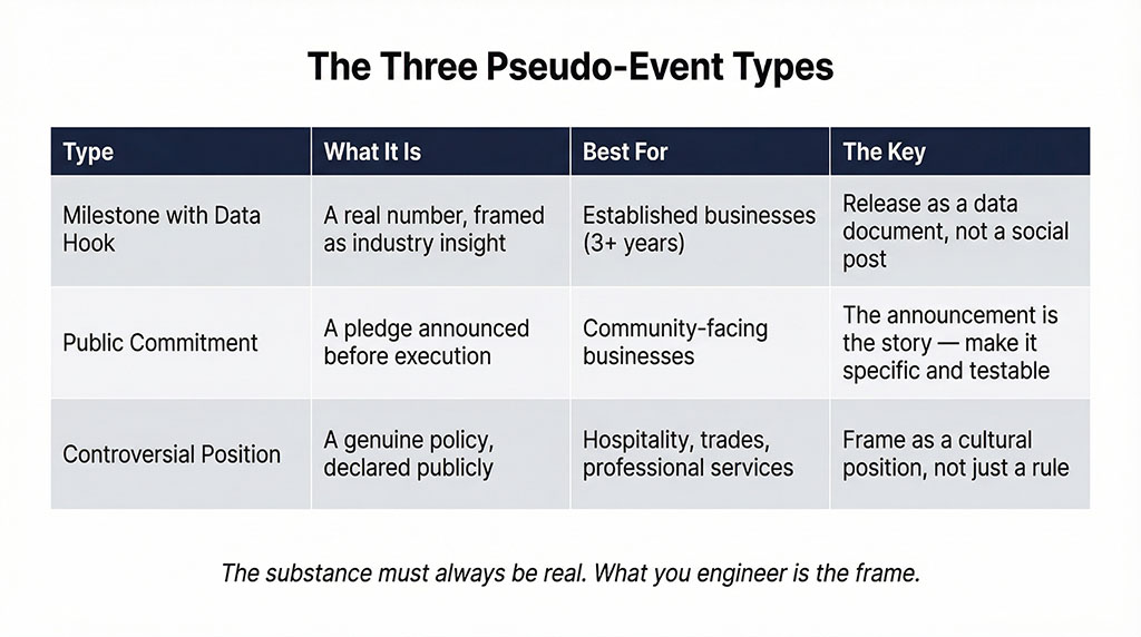 Table comparing three pseudo-event types for small businesses: Milestone with Data Hook (best for established businesses using proprietary data), Public Commitment (best for community-facing businesses announcing a pledge before execution), and Controversial Position (best for hospitality, trades, and professional services declaring a genuine operational stance).
