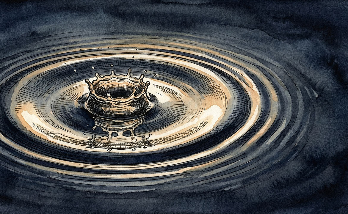 A single water droplet strikes a dark surface, sending concentric rings expanding outward — representing how one small press placement ripples upward through larger and larger media outlets.