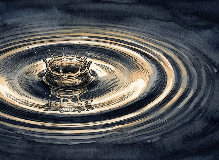 A single water droplet strikes a dark surface, sending concentric rings expanding outward — representing how one small press placement ripples upward through larger and larger media outlets.