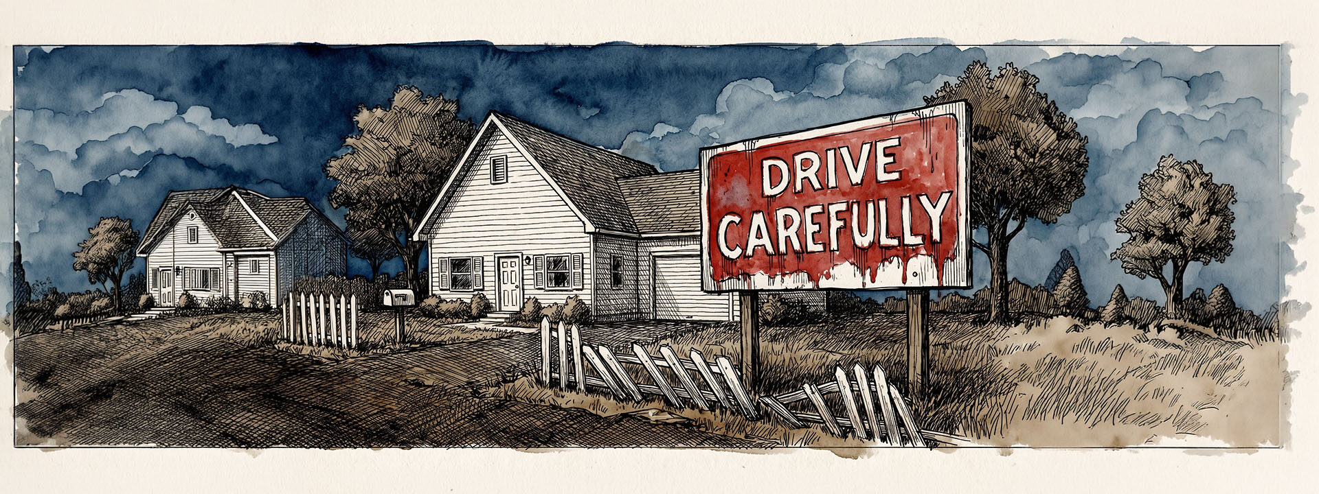 Split illustration of a suburban home. Left side shows a pristine house with a tiny sticker in the window. Right side shows the same house overwhelmed by an enormous, poorly lettered DRIVE CAREFULLY sign covering the front yard.