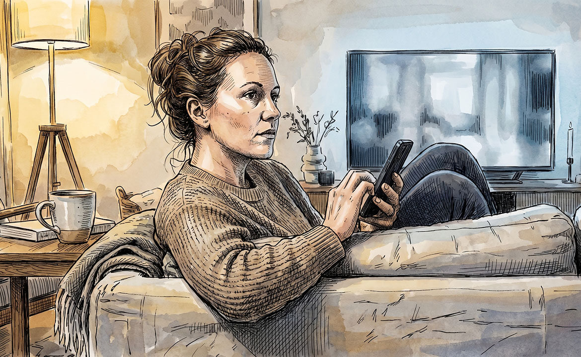 Woman sitting on couch at night scrolling through her phone, looking uncertain — illustrating how economic uncertainty affects buyer behaviour and consumer hesitation