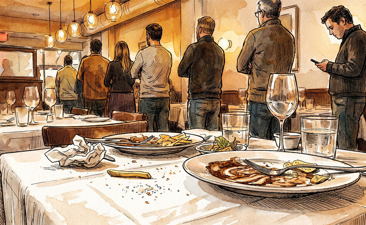 An uncleared restaurant table in the foreground, cluttered with plates, glasses and napkins, with a queue of patient diners waiting in the blurred background — a scene of quiet operational failure.
