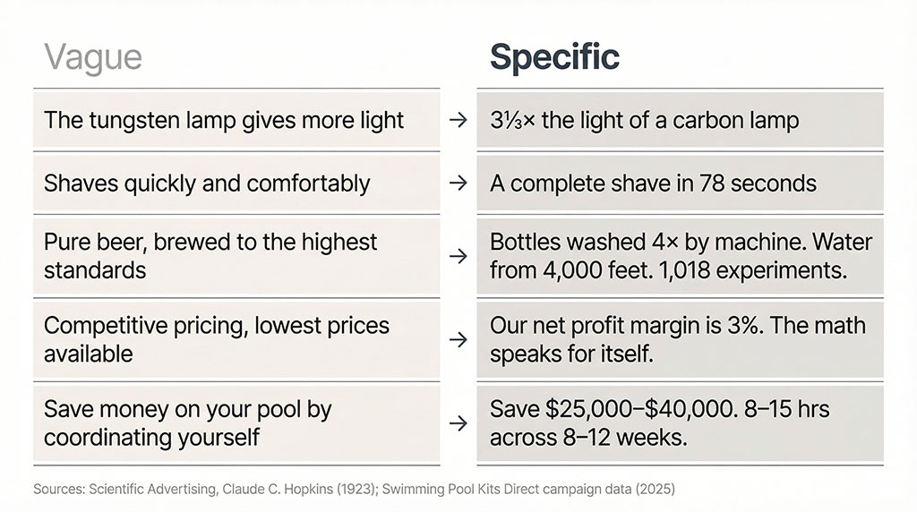 Table showing five before-and-after pairs of vague versus specific marketing claims, from Hopkins' 1923 campaigns through to a modern pool company case study — demonstrating how precise numbers replace unbelievable superlatives.