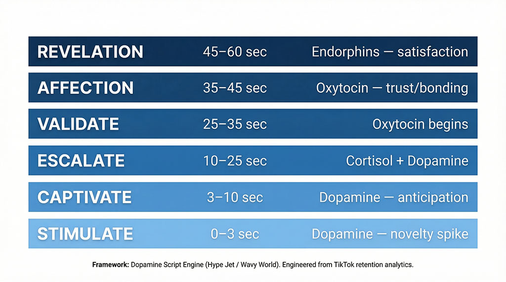 Six-stage diagram of the wavvy video sequence showing Stimulate, Captivate, Escalate, Validate, Affection, and Revelation — each labelled with time window and neurochemical mechanism, illustrating the re-interruption architecture built by TikTok creators and confirmed by retention analytics