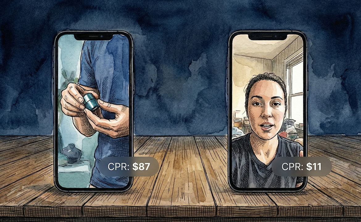 Split screen showing two ads on the same phone: a polished, colour-graded brand video with a cost per result of $87 on the left, and a slightly off-centre talking-head phone video with a cost per result of $11 on the right