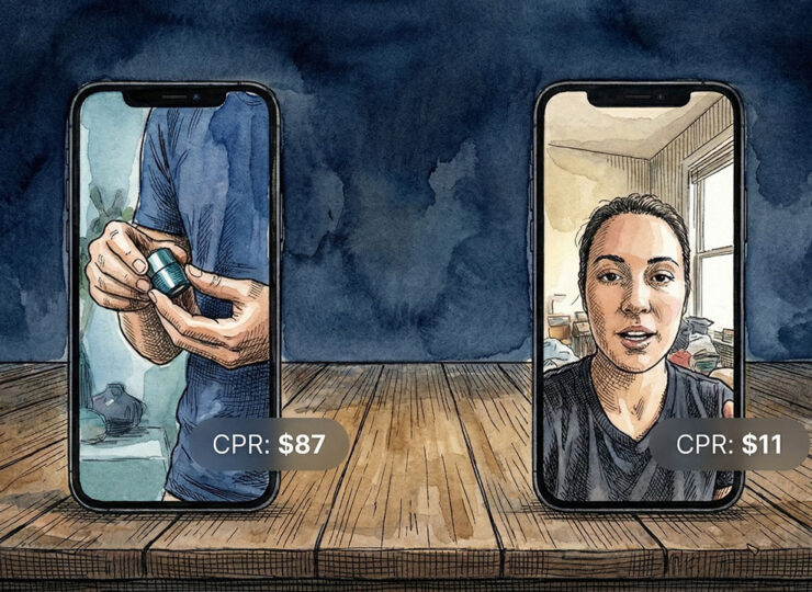 Split screen showing two ads on the same phone: a polished, colour-graded brand video with a cost per result of $87 on the left, and a slightly off-centre talking-head phone video with a cost per result of $11 on the right
