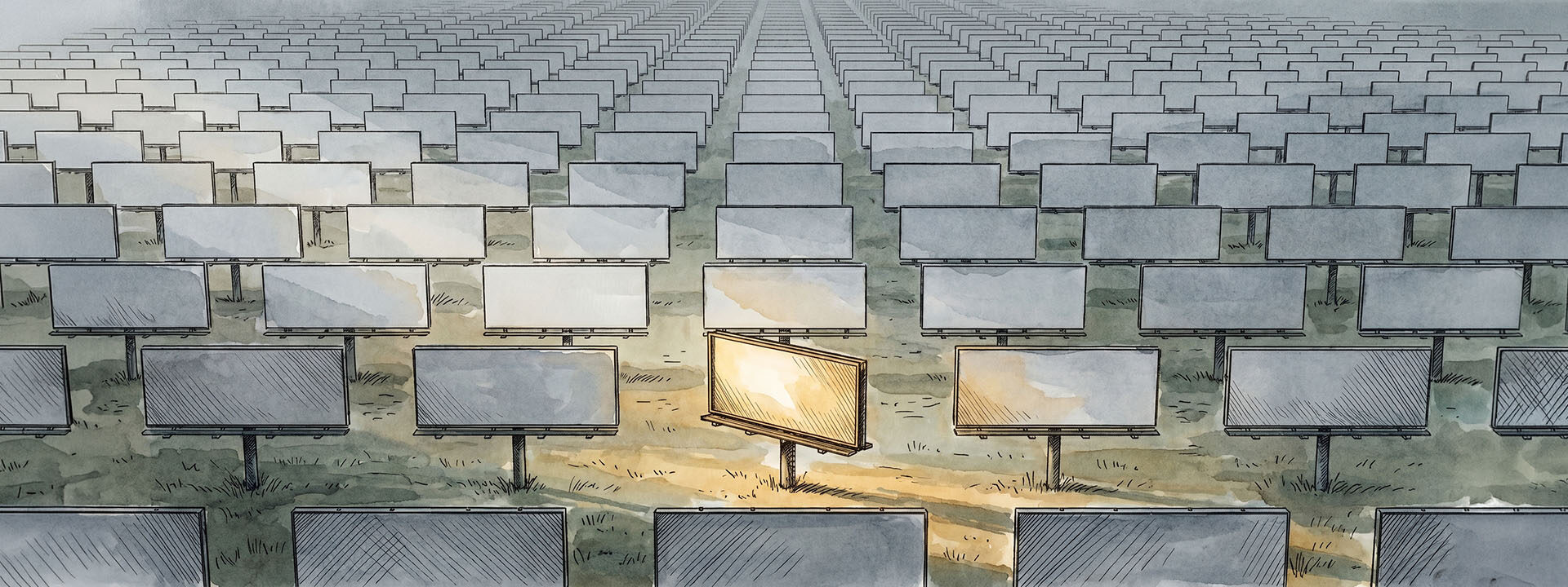 Field of identical billboards under flat grey light, one turned to catch warm sun