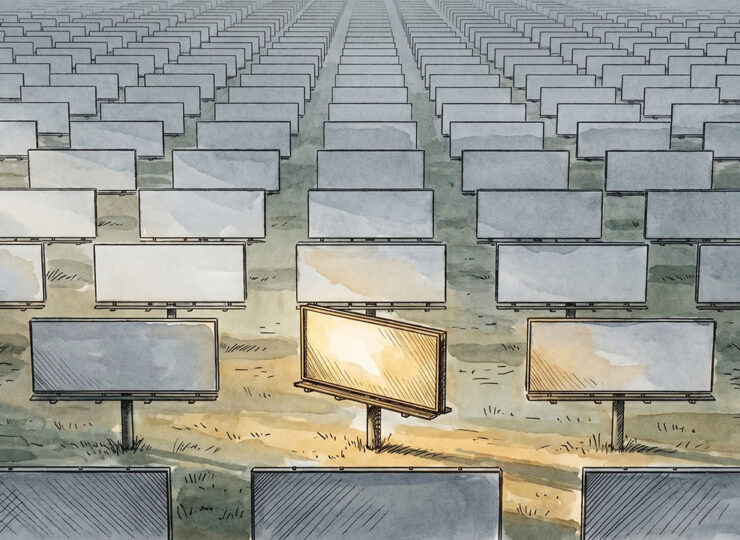 Field of identical billboards under flat grey light, one turned to catch warm sun