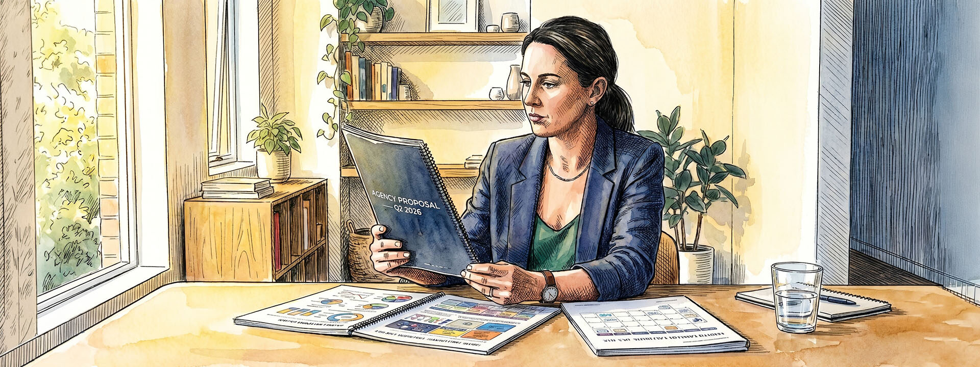Business owner at a desk studying three thick printed agency proposals, expression focused but unconvinced
