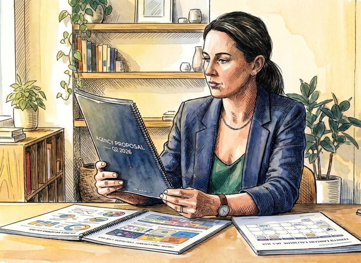 Business owner at a desk studying three thick printed agency proposals, expression focused but unconvinced