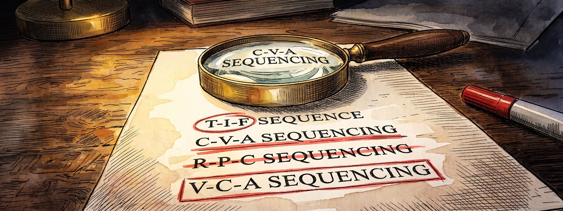 A single-page document on a desk with four hyphenated acronyms — T-I-F Sequence, C-V-A Sequencing, R-P-C Sequencing, V-C-A Sequencing — circled in red marker, with a magnifying glass resting over one of them.