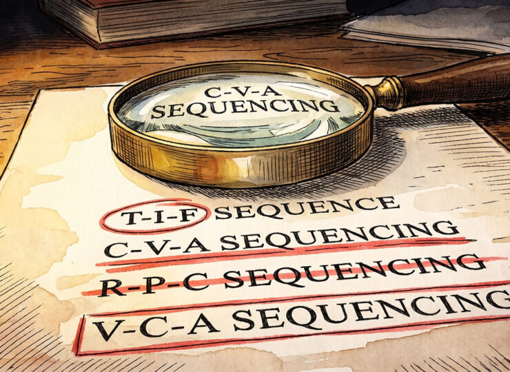 A single-page document on a desk with four hyphenated acronyms — T-I-F Sequence, C-V-A Sequencing, R-P-C Sequencing, V-C-A Sequencing — circled in red marker, with a magnifying glass resting over one of them.