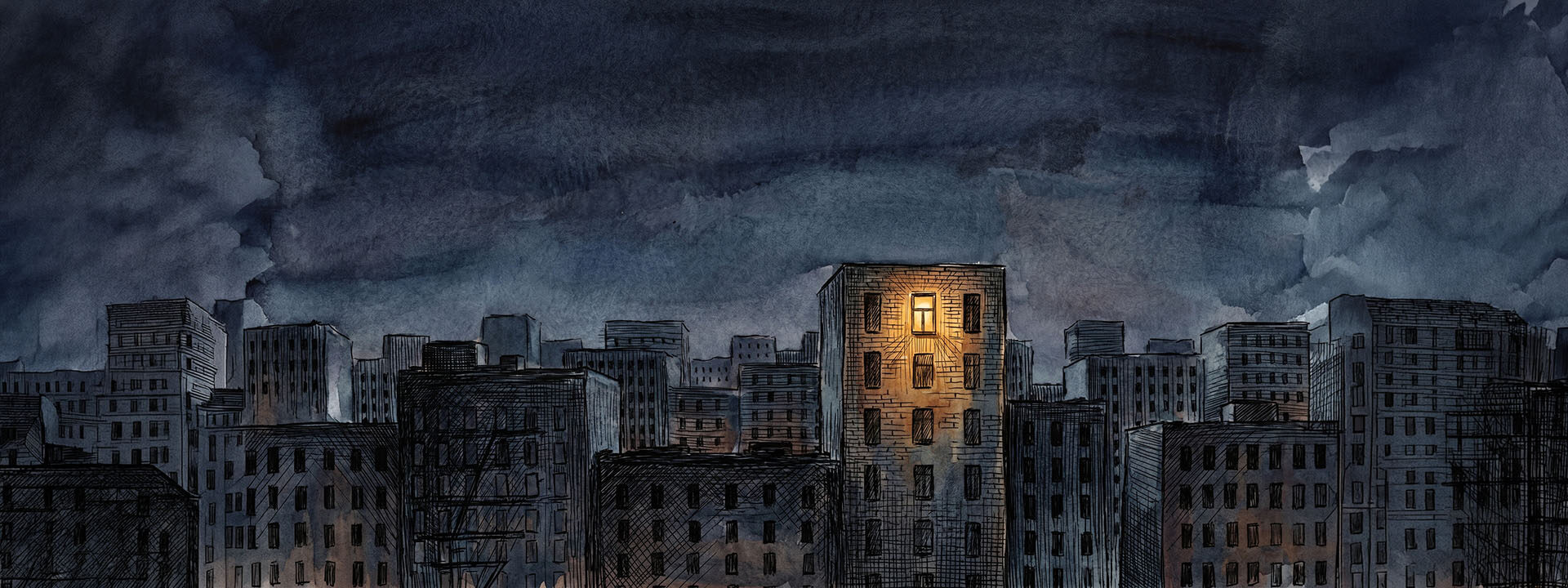 A nighttime city skyline of overlapping dark building silhouettes against a deep navy sky, with hundreds of unlit windows scattered across the buildings and one single window glowing warm amber in the tallest foreground building.