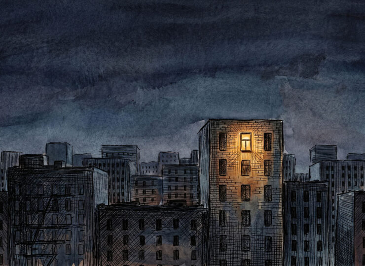 A nighttime city skyline of overlapping dark building silhouettes against a deep navy sky, with hundreds of unlit windows scattered across the buildings and one single window glowing warm amber in the tallest foreground building.