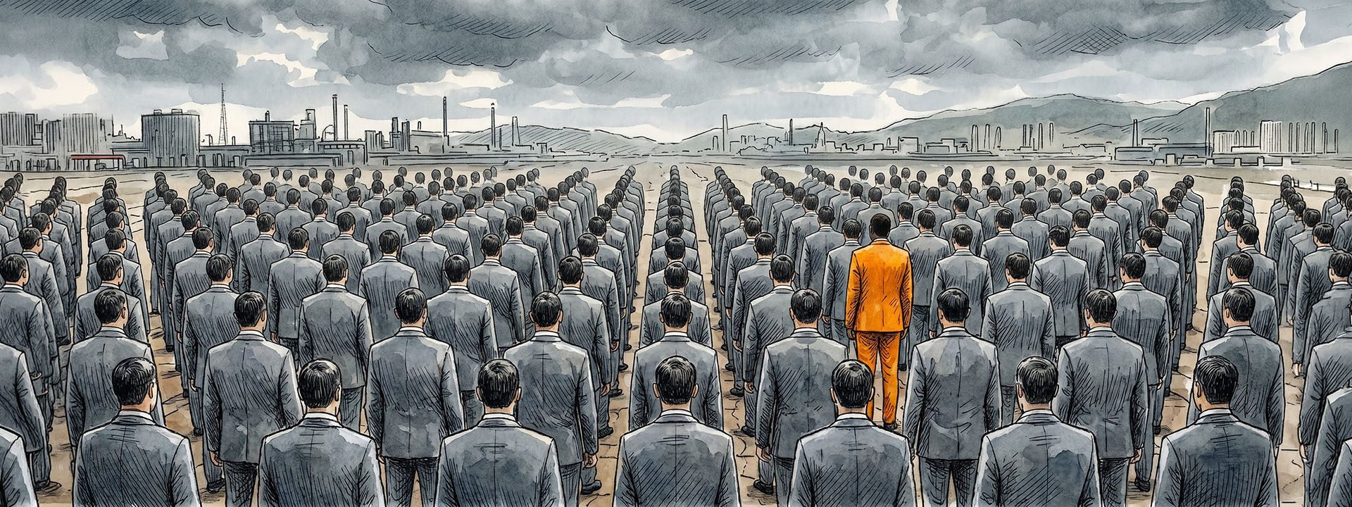 Rows of identical grey people stretch to the horizon with a single one in bold colour, illustrating distinction against averaged sameness.