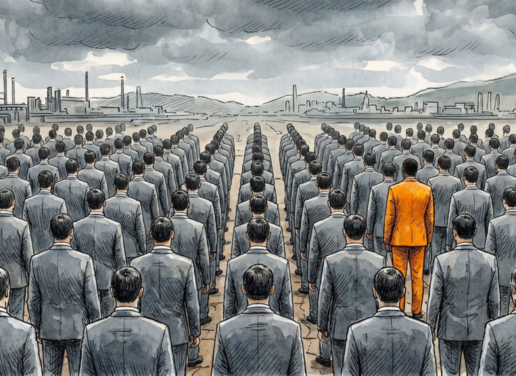 Rows of identical grey people stretch to the horizon with a single one in bold colour, illustrating distinction against averaged sameness.
