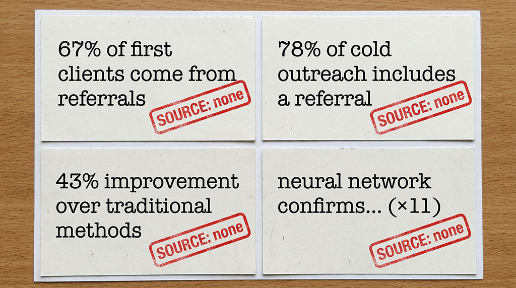 Four fabricated statistics from the source article, each stamped "SOURCE: none" in red, showing that none of the numbers can be traced.