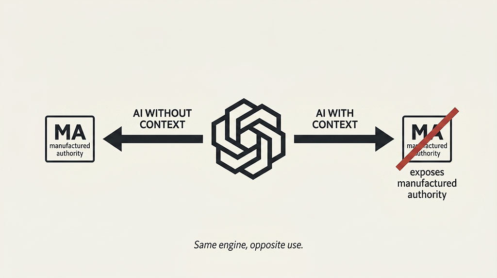 Diagram showing a central AI icon with two arrows pointing in opposite directions: AI without context produces manufactured authority, AI with context exposes it. Caption reads "Same engine, opposite use.