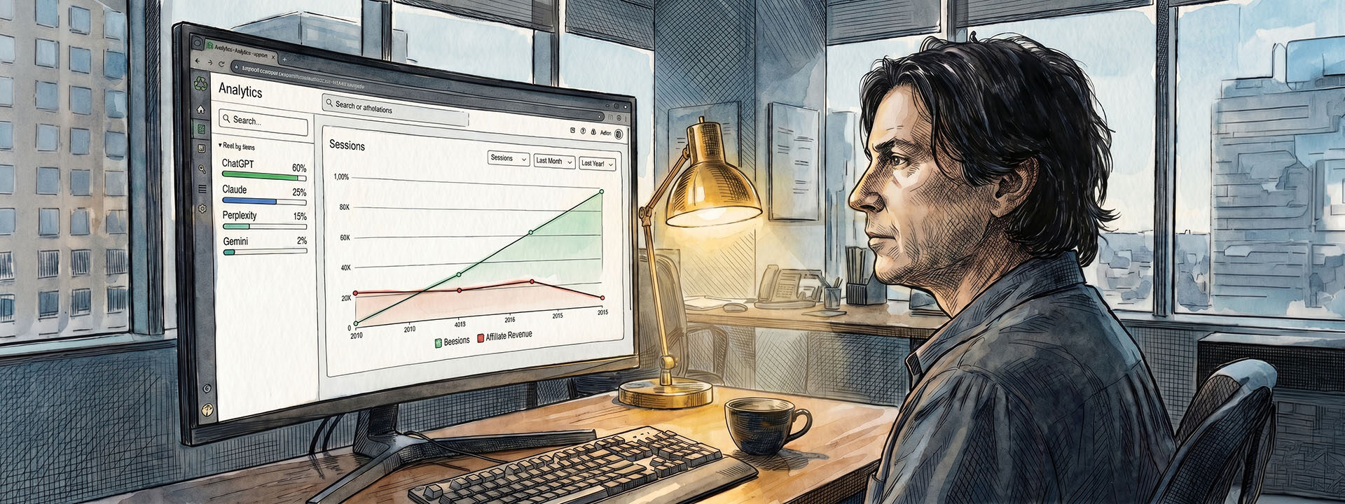 A senior editor at a comparison or review site reviewing an analytics dashboard that shows rising content reads driven by AI platform referrers while affiliate revenue trends downward.