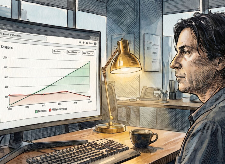 A senior editor at a comparison or review site reviewing an analytics dashboard that shows rising content reads driven by AI platform referrers while affiliate revenue trends downward.
