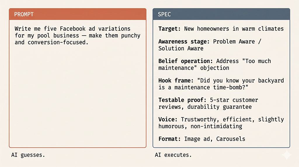 Generic one-line prompt beside a structured spec input with persona, belief, hook and proof