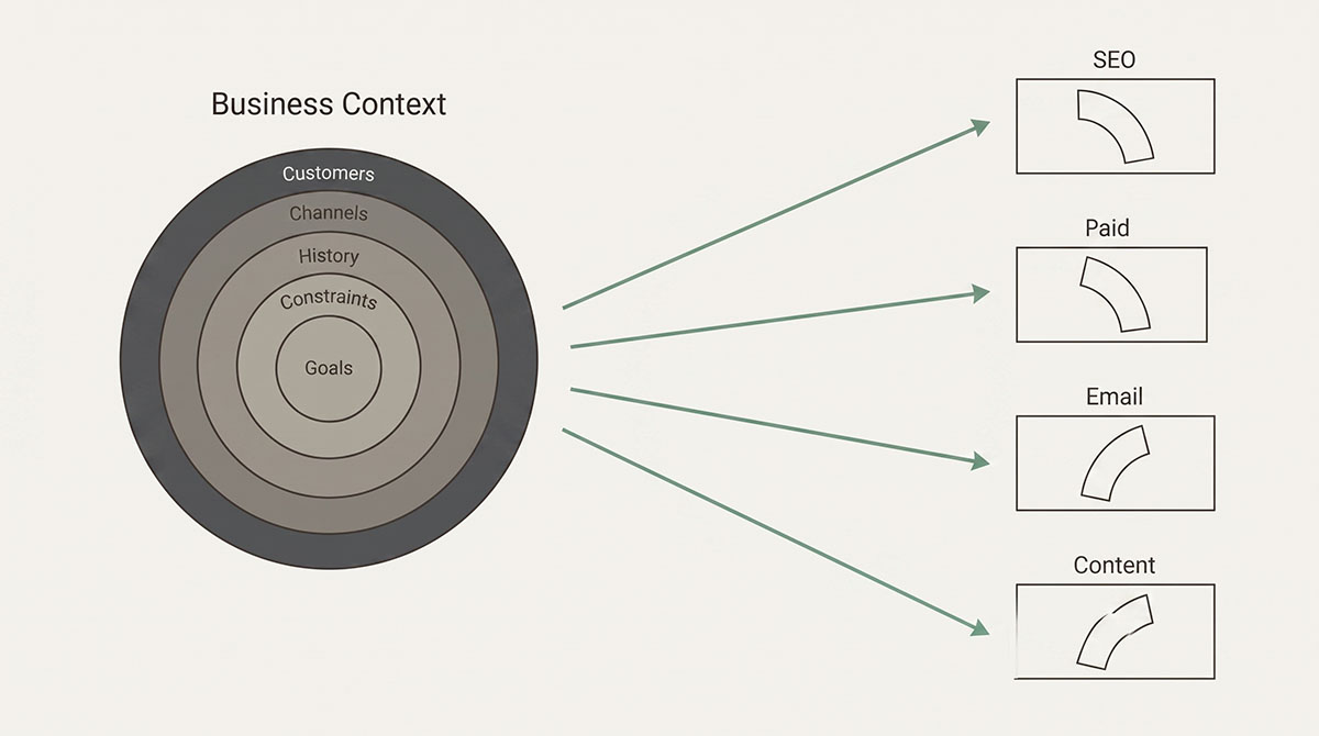 Diagram showing a complete business context of concentric rings labelled customers, channels, history, constraints and goals, being split into four separate boxes labelled SEO, Paid, Email and Content, each holding only a single incomplete fragment of the original.