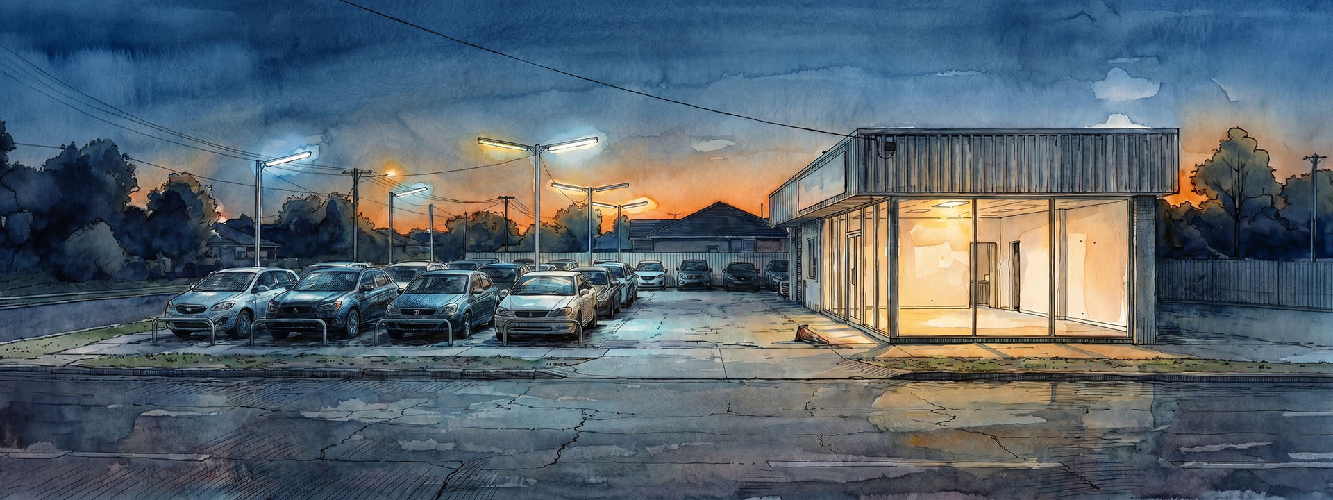 A quiet car dealership lot at dusk, full of cars but empty of people, illustrating a business that buyer agents have bypassed.