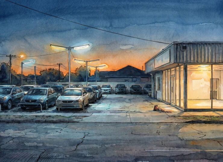 A quiet car dealership lot at dusk, full of cars but empty of people, illustrating a business that buyer agents have bypassed.