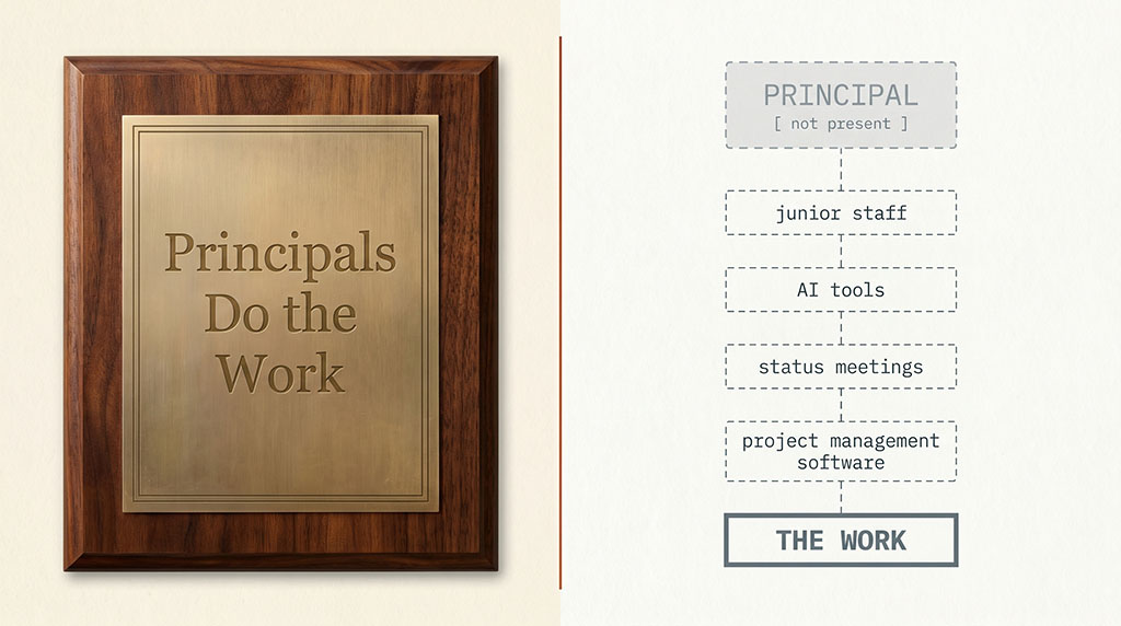 Two-panel diagnostic graphic. Left panel shows a polished office sign reading "Principals Do the Work." Right panel shows a schematic of the same firm's internal structure — the principal greyed out at the top, the actual work happening through layers of junior staff, AI tools, and status meetings far below.