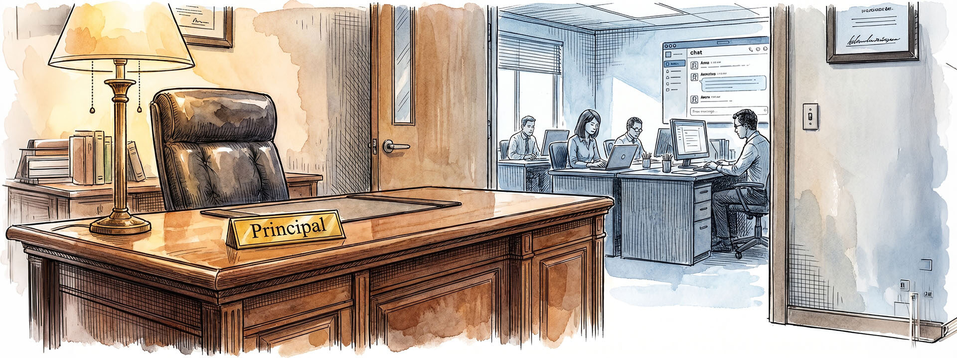 A pristine, empty principal's office in warm prestige lighting — high-backed chair, brass nameplate, untouched desk — with a cramped row of junior staff working under cold fluorescent light visible through the doorway behind it.