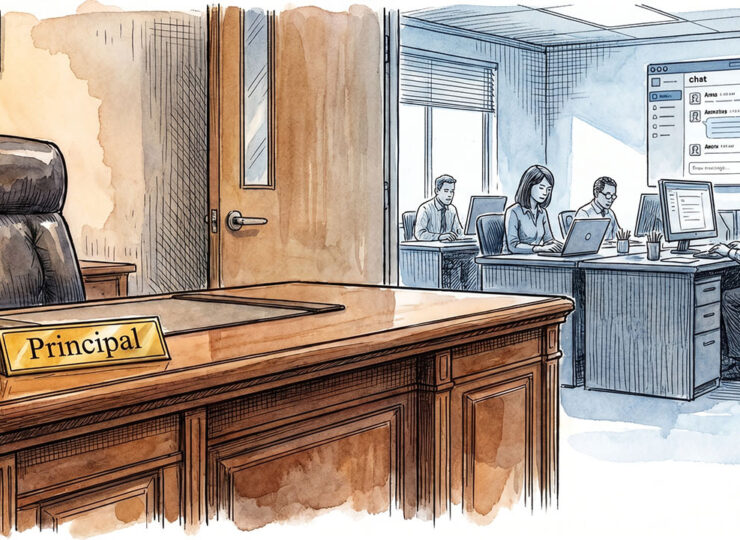 A pristine, empty principal's office in warm prestige lighting — high-backed chair, brass nameplate, untouched desk — with a cramped row of junior staff working under cold fluorescent light visible through the doorway behind it.