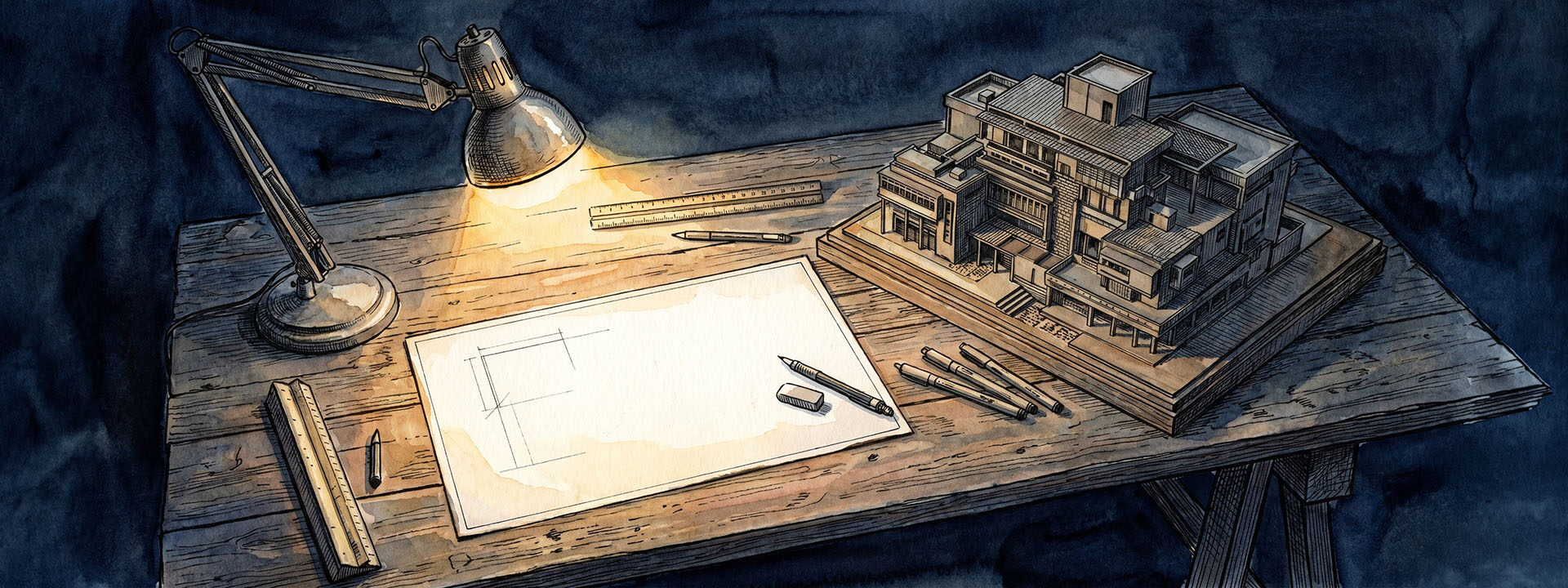 Dramatic chiaroscuro still life, a single warm spotlight falling on a small unfinished blueprint or blank pedestal in the foreground, a dense and detailed valuable structure sitting unlit in soft shadow just outside the light, dark muted surroundings, photorealistic, high contrast, no people, 1200x630, cinematic lighting.