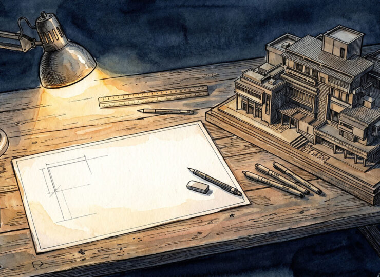 Dramatic chiaroscuro still life, a single warm spotlight falling on a small unfinished blueprint or blank pedestal in the foreground, a dense and detailed valuable structure sitting unlit in soft shadow just outside the light, dark muted surroundings, photorealistic, high contrast, no people, 1200x630, cinematic lighting.