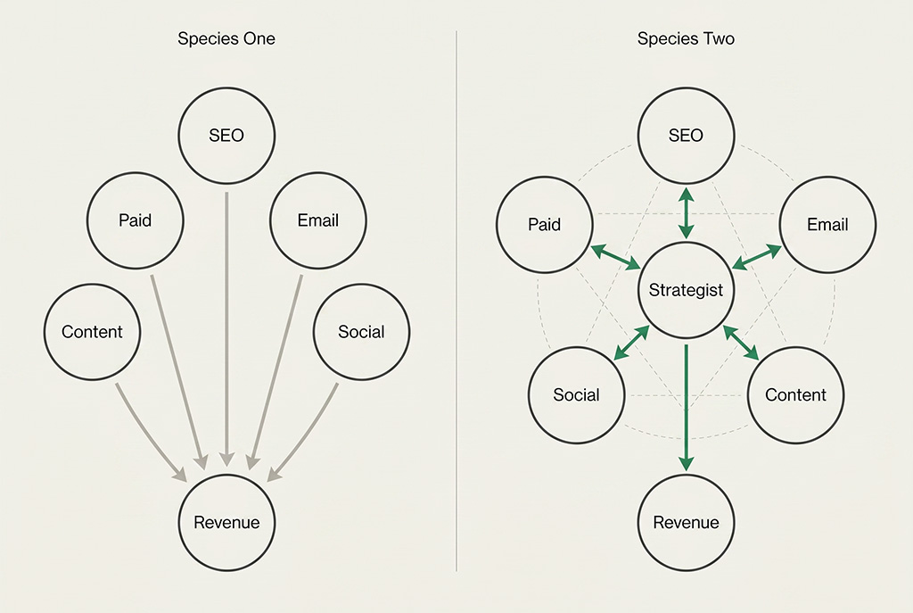 Side-by-side diagram comparing two agency structures: on the left, five channel nodes (SEO, Paid, Email, Content, Social) each point independently to Revenue with no connections between them; on the right, the same five channels surround a central Strategist node with bidirectional arrows, and a single connected arrow leads to Revenue.