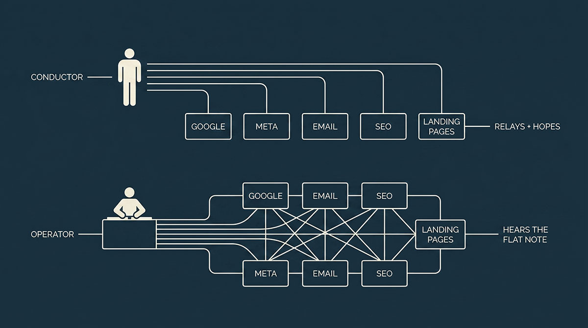 marketing modelDiagram of a conductor relaying to five disconnected agencies versus one operator running all channels from one console