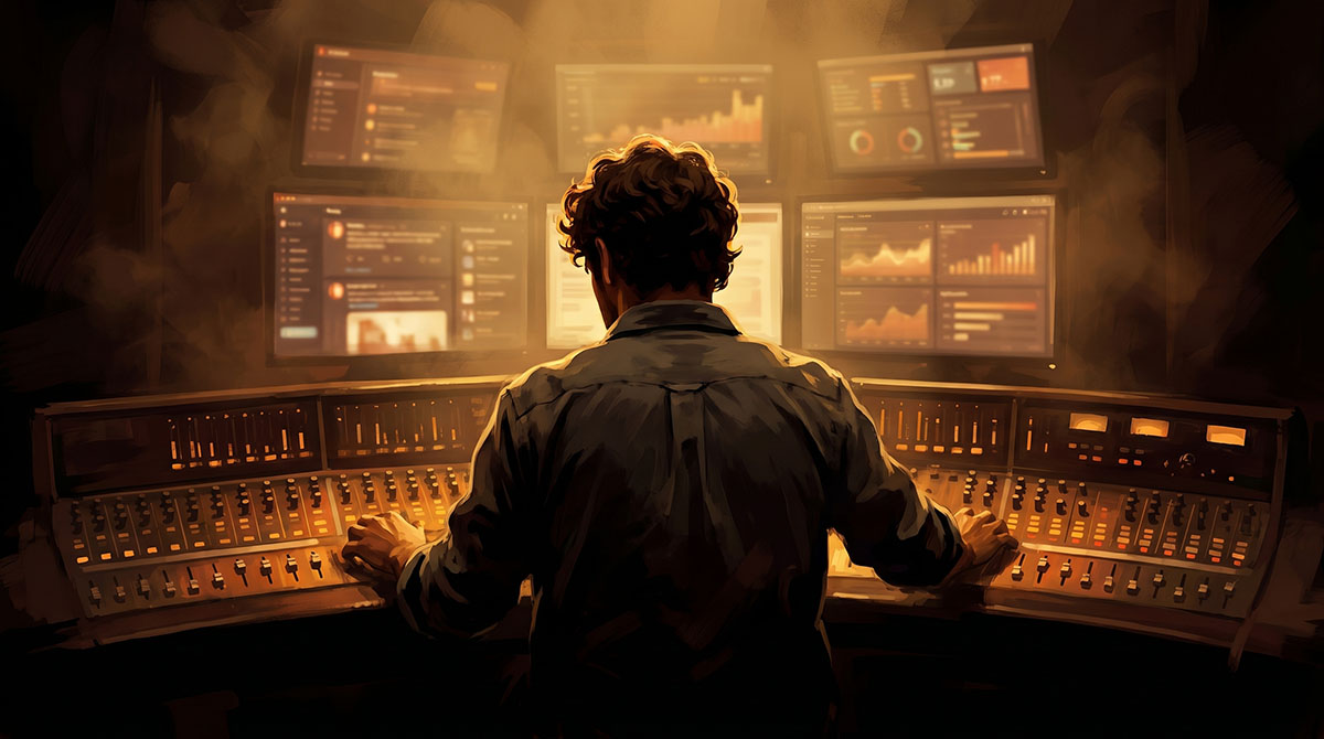 One marketer seen from behind at a wide console, every channel lit, hands on the faders