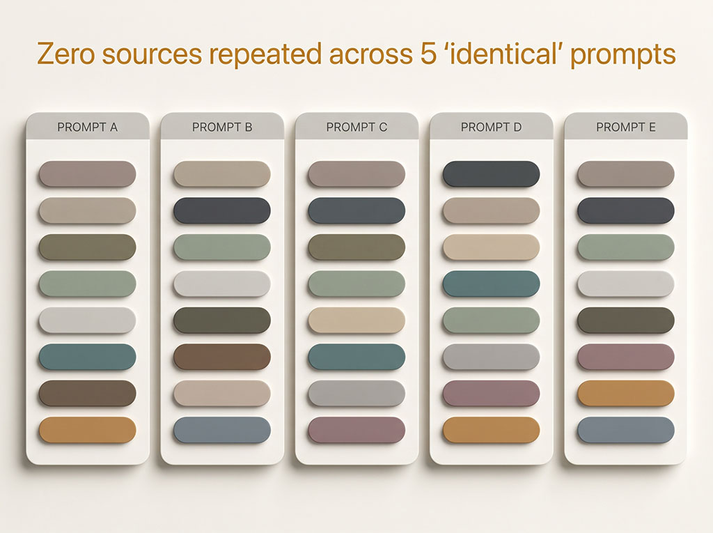 Five similarly worded AI prompts each return a different three-name shortlist, with almost no sources repeated — showing AI matches attributes, not keywords.