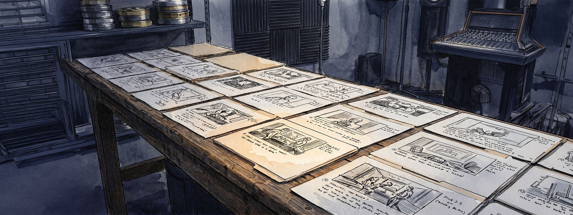 A wide overhead view of many similar creative concept frames laid out on a review surface, with one clearly singled out and brought forward into sharper light.
