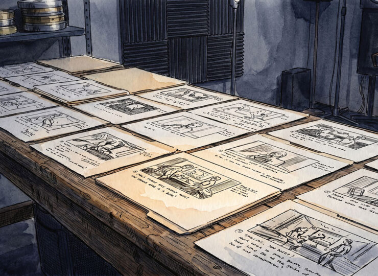 A wide overhead view of many similar creative concept frames laid out on a review surface, with one clearly singled out and brought forward into sharper light.