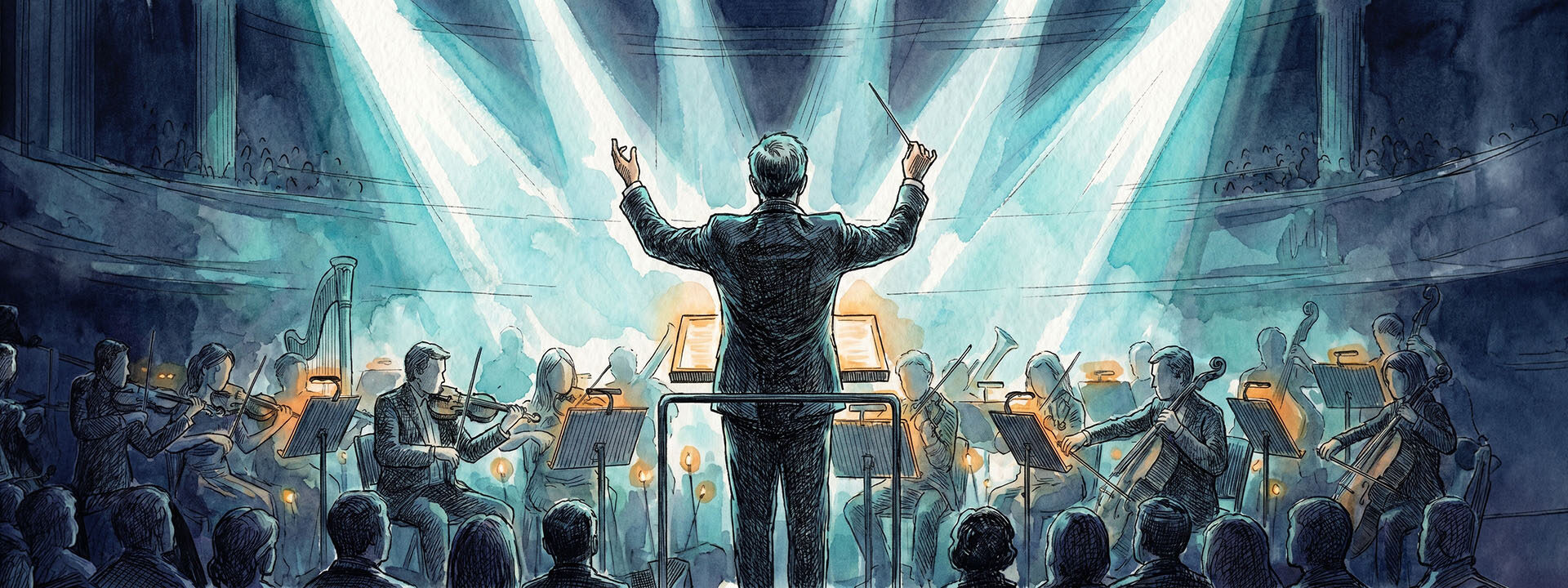 A conductor seen from behind directing an orchestra he isn't playing in