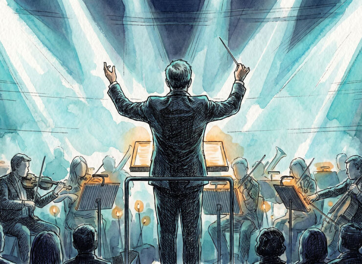 A conductor seen from behind directing an orchestra he isn't playing in