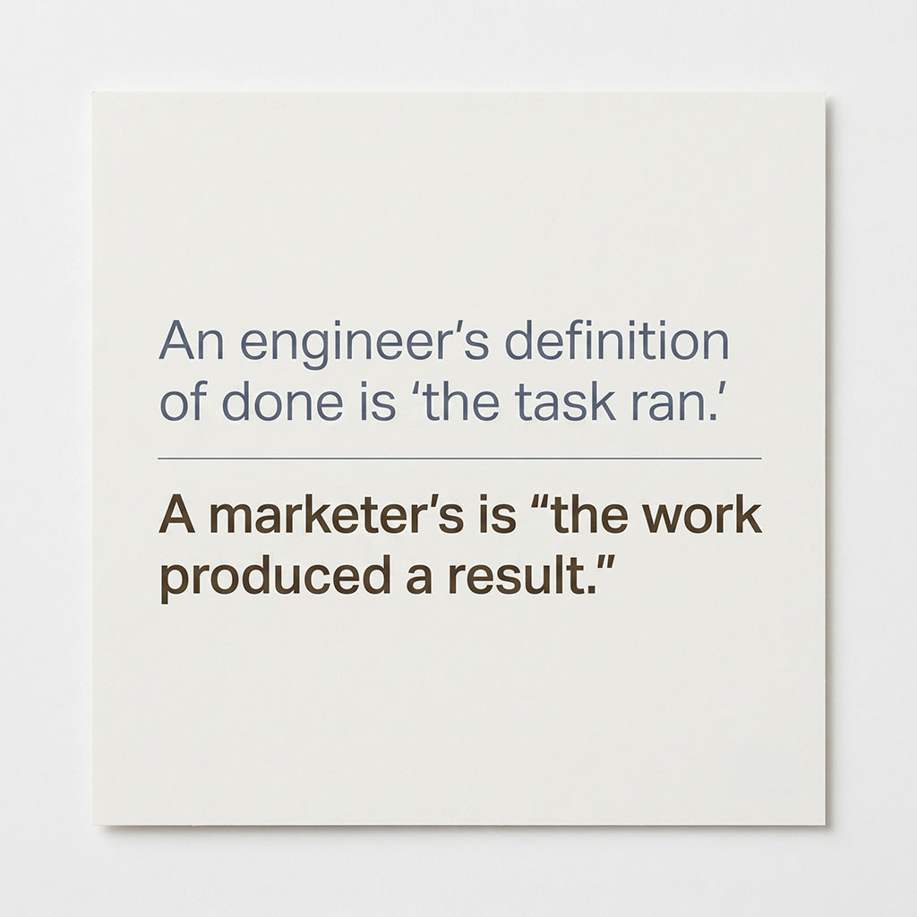 A pull-quote card contrasting two definitions of "done": the engineer's "the task ran" against the marketer's "the work produced a result."