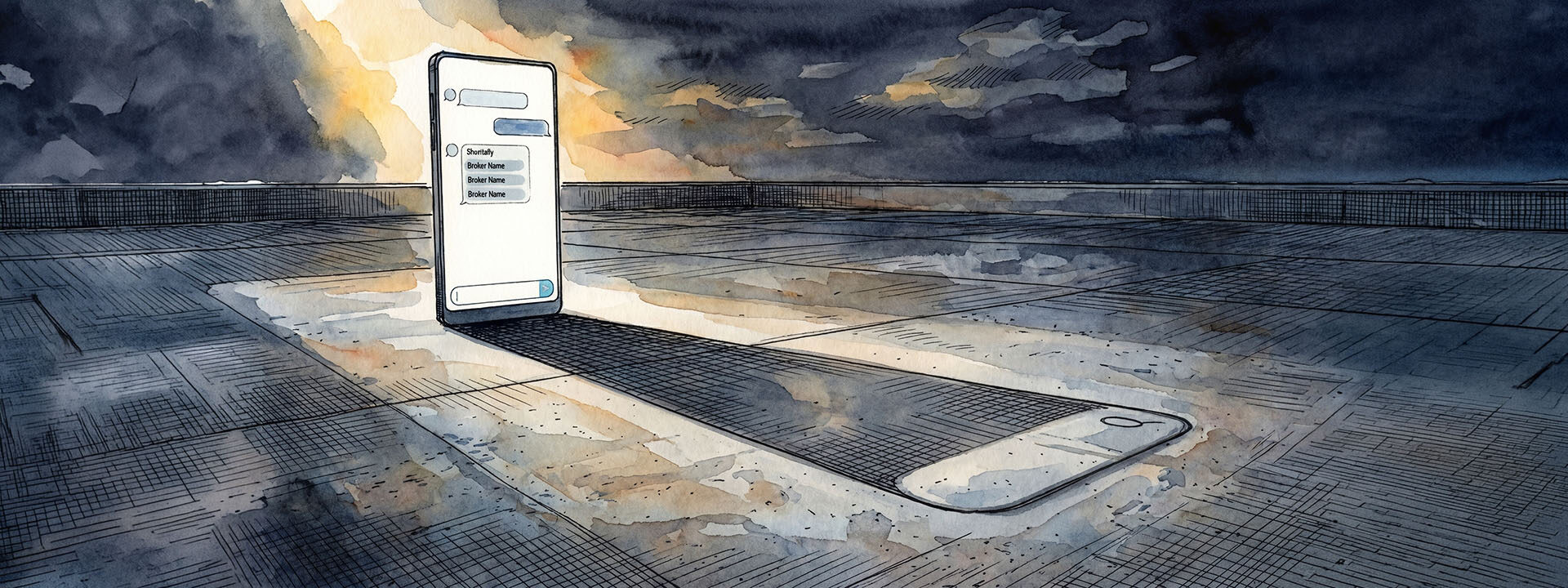 An AI chat window with three names casts a shadow shaped like a Google search bar, showing the search happens downstream of the decision.