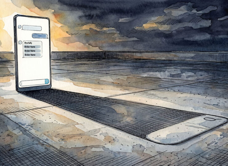 An AI chat window with three names casts a shadow shaped like a Google search bar, showing the search happens downstream of the decision.