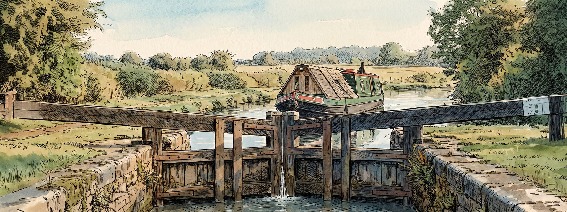 A narrowboat waiting before a closed timber lock gate on a countryside canal at golden hour.