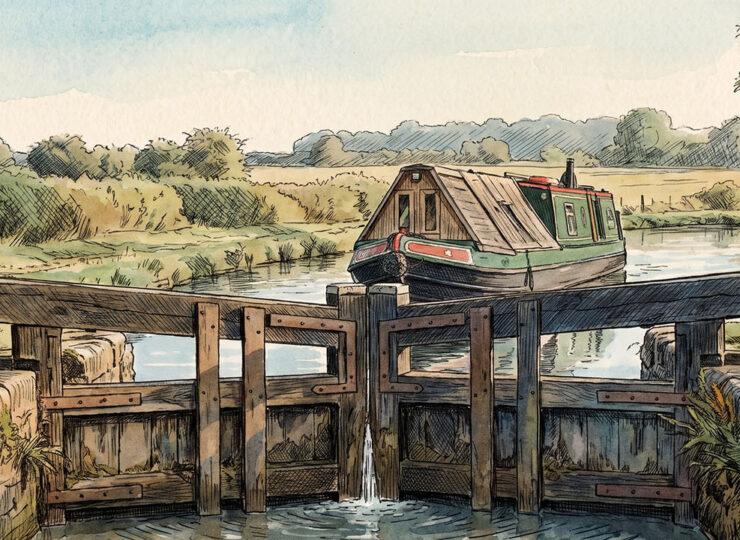 A narrowboat waiting before a closed timber lock gate on a countryside canal at golden hour.