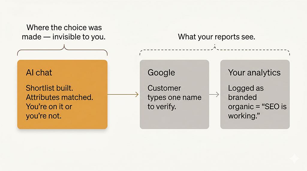 Flow diagram: AI chat builds the shortlist first, the customer Googles a name to verify, and analytics logs it as branded organic — hiding the upstream decision.